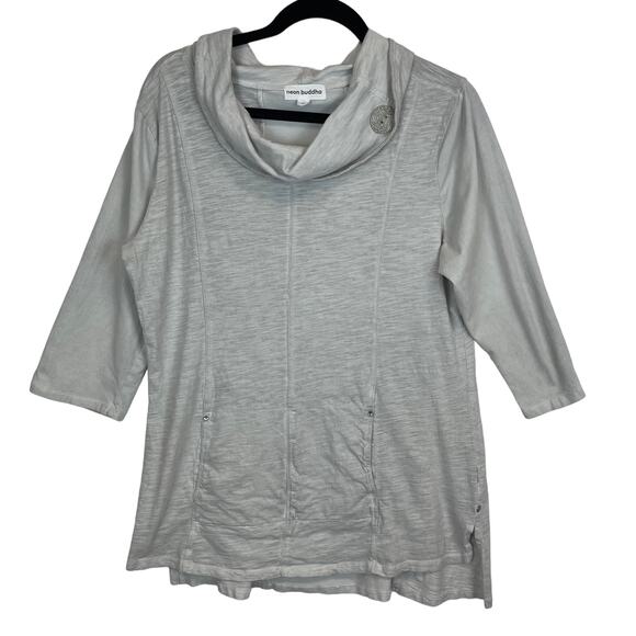 Neon Buddah Tunic Women's Large Cowl Neck Metal Button Kangaroo Pocket Grey - Picture 1 of 7